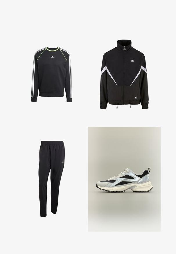 Zwarte jas met hoge kraag, voorkant met rits en elastische mouwen. Heeft witte diagonale strepen en een klein logo op de borst. De textuur is glad.; Zwarte sweatshirt met een witte drie-strepenontwerp op de mouwen en limoengroene accenten. Heeft een ronde halslijn en een klein logo op de borst.; Zwarte sportbroek gemaakt van lichtgewicht materiaal, voorzien van een elastische tailleband en een klein reliëflogo op het bovenste gedeelte van het linkerbeen.; Low-top Calvin Klein sneaker met zwart mesh, zilverkleurige overlays, crèmekleurige zool en treklus op de hiel, zijaanzicht.