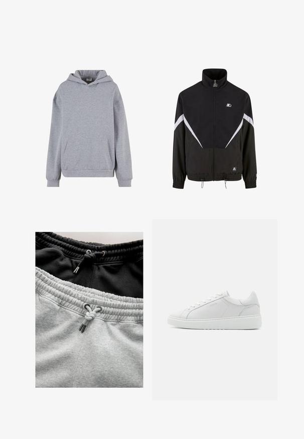 Zwarte jas met hoge kraag, voorkant met rits en elastische mouwen. Heeft witte diagonale strepen en een klein logo op de borst. De textuur is glad.; Lichtgrijze pullover hoodie met lange mouwen, voorzak met kangoeroezak en geribde boorden op een witte achtergrond.; Grijze en zwarte sweatpants met een elastische tailleband en trekkoord. Zachte textuur met een dikke, ribbelige afwerking aan de naden van de tailleband.; Witte lederen sneaker met een gladde textuur, ronde neus, laag profiel ontwerp en subtiele branding aan de zijkant. Gevoerde kraag en veters.
