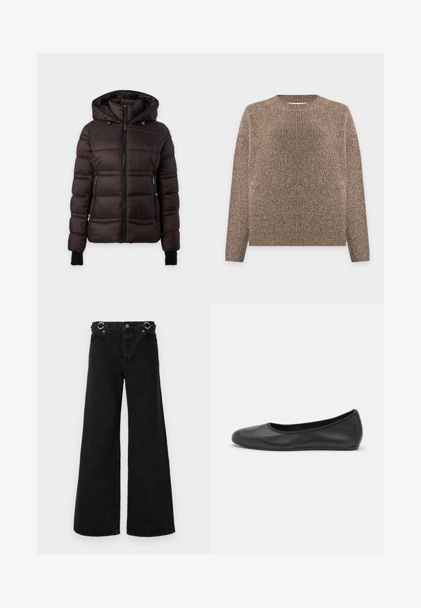 Veste d'hiver matelassée noire avec capuche, fermeture éclair frontale, poches latérales zippées et poignets côtelés allongés pour plus de chaleur.; Pull en maille côtelée marron et beige, à manches longues et col rond, présenté sur un fond clair uni.; Jean noir à jambes larges en denim, avec une taille haute, de grandes poches avant, et des accessoires ronds argentés à la ceinture.; Ballerines en cuir noir avec un bout rond, texture lisse, détails de couture minimalistes et design de semelle flexible.