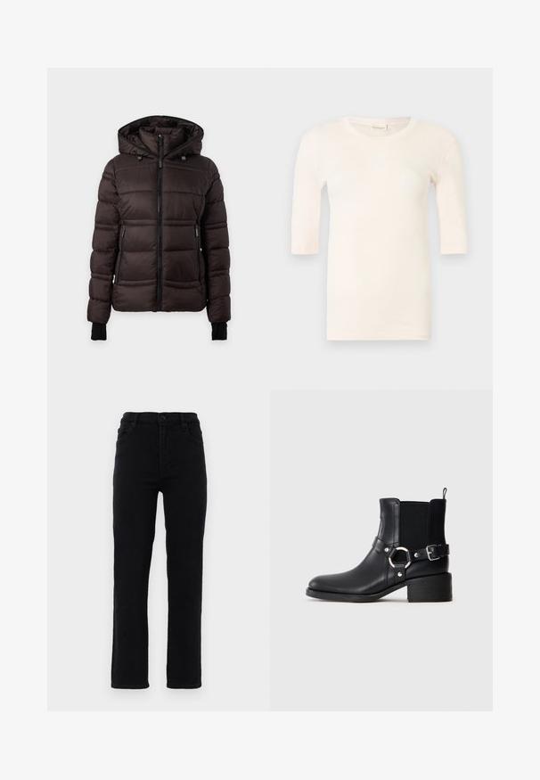 Veste d'hiver matelassée noire avec capuche, fermeture éclair frontale, poches latérales zippées et poignets côtelés allongés pour plus de chaleur.; Haut en maille rose clair à manches courtes avec encolure ronde et silhouette ajustée, présenté sur un fond clair uni.; Jeans en denim noir avec des jambes droites, une taille mi-haute et cinq poches. Comprend une fermeture à bouton à l'avant et des passants de ceinture.; Bottine en cuir noir avec boucles latérales et détail en anneau, panneau latéral élastique, petit talon carré et languette de tirage sur fond uni.