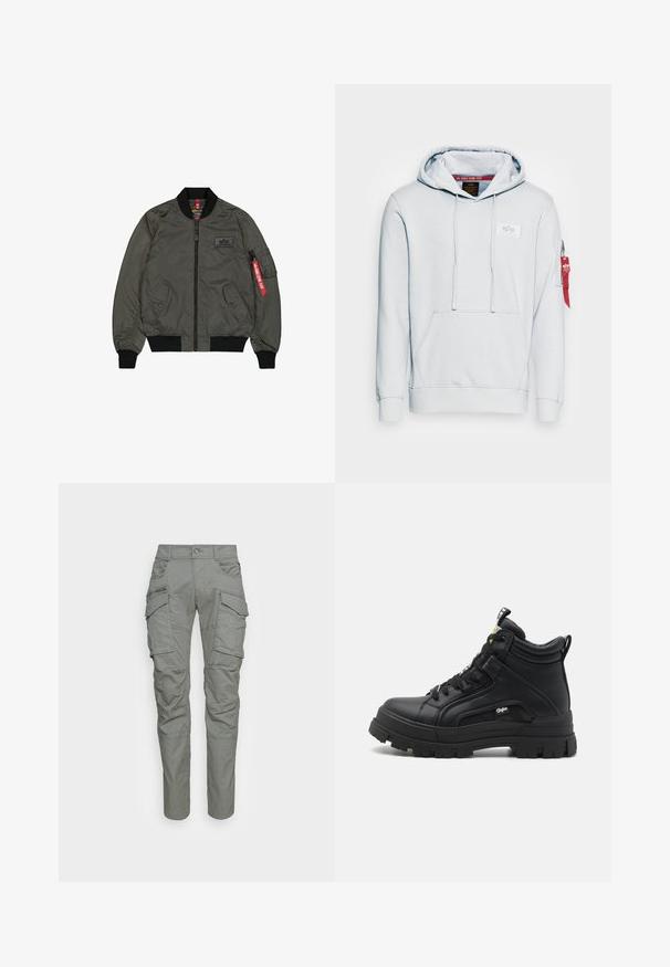 Olivovo zelená bomber bunda, lesklý nylonový materiál, žebrované manžety a golier, predný zips, dve bočné vrecká a úžitkové vrecko so červenou visačkou.; Svetlošedá mikina z mäkkej textílie, s prednou vreckom, kapucňou na šnúrku a červeným akcentom so zipsom na rukáve.; Sivé cargo nohavice s viacerými bočnými vreckami, zapínaním na gombík a rovnými nohavicami. Vyrobené z odolnej tkaniny s textúrovaným povrchom.; Čierne vysoké tenisky vyrobené z textúrovanej kože, s hrubou gumovou podrážkou, šnurovaním vpredu a malým logom na boku.
