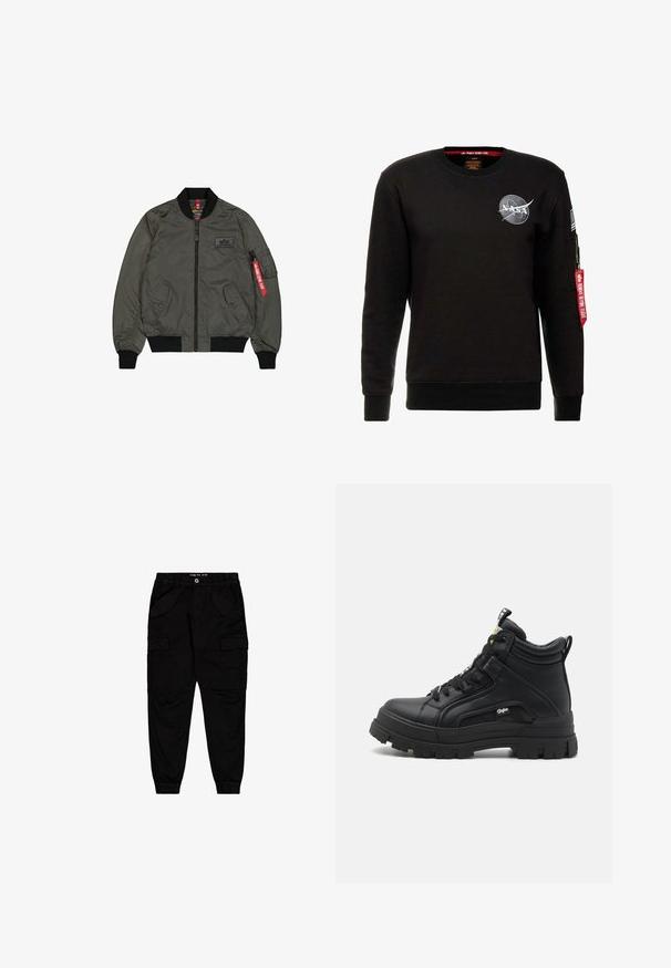 Veste bomber vert olive, tissu en nylon brillant, poignets et col côtelés, fermeture éclair à l'avant, deux poches latérales et une poche utilitaire avec étiquette rouge.; Alpha Industries NASA - Sweatshirt - schwarz; Pantalons cargo noirs en coton, dotés de deux poches avant et de deux poches cargo sur les côtés, avec des poignets et une taille élastiqués.; Baskets montantes noires en cuir texturé, dotées d'une semelle en caoutchouc épaisse, d'un laçage à l'avant et d'un petit logo sur le côté.