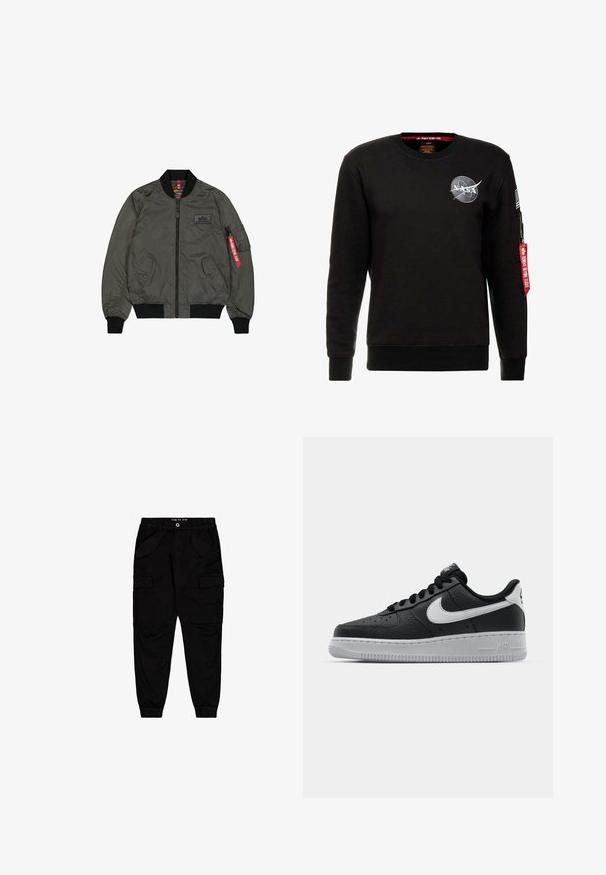 Olivovo zelená bomber bunda, lesklý nylonový materiál, žebrované manžety a golier, predný zips, dve bočné vrecká a úžitkové vrecko so červenou visačkou.; Alpha Industries NASA - Mikina - schwarz; Čierne cargo nohavice z bavlny, s dvoma prednými vreckami a dvoma bočnými cargo vreckami, s elastickými manžetami a pásom.; Čierne kožené tenisky s textúrovaným povrchom, biely Nike swoosh, šedá podrážka, okrúle špičky a šnurovací dizajn. Obsahuje perforácie na špičke.
