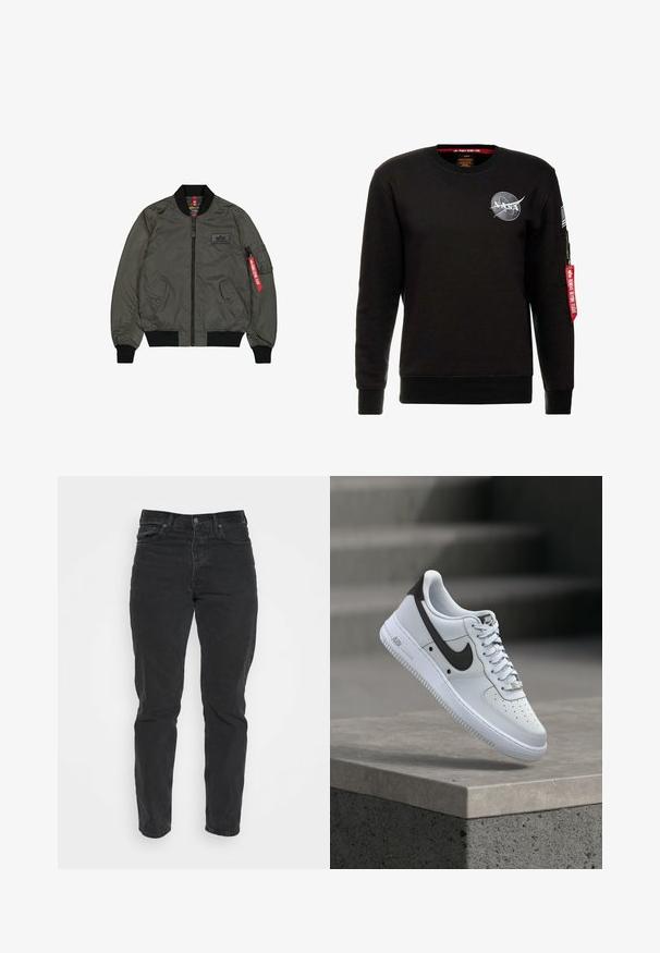 Olivovo zelená bomber bunda, lesklý nylonový materiál, žebrované manžety a golier, predný zips, dve bočné vrecká a úžitkové vrecko so červenou visačkou.; Alpha Industries NASA - Mikina - schwarz; Čierne riflové nohavice s rovnom strihom, piatimi vreckami, predným zapínaním na gombík a kontrastným prešívaním. Hladká textúra s jemnými známkami opotrebenia.; Biela teniska Nike Air Force 1 s čiernym logom Swoosh, vznášajúca sa nad betónovým okrajom s rozmazanými schodmi na pozadí.