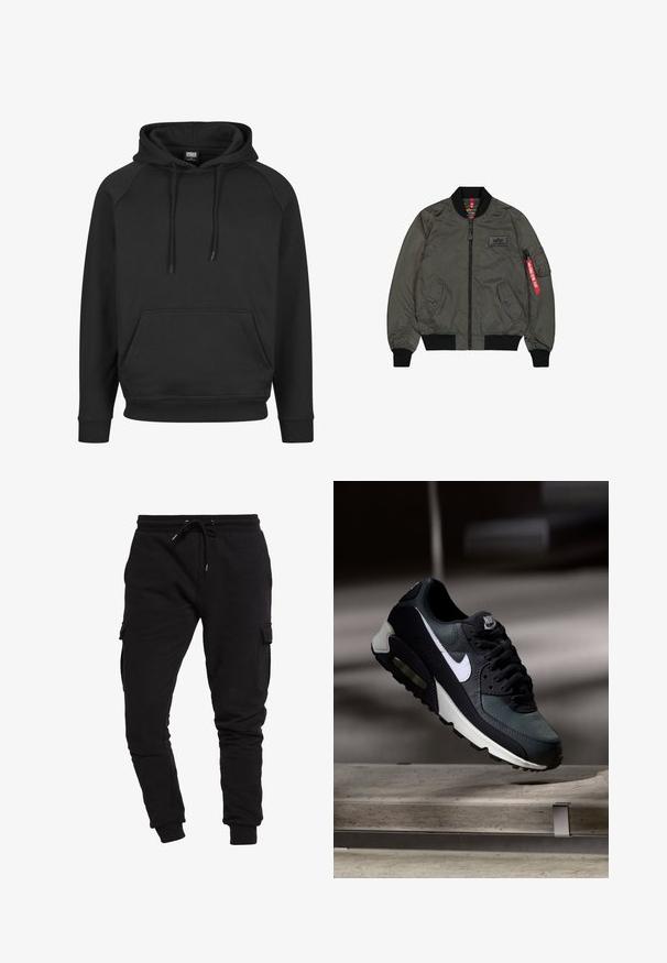 Olivgrüner Bomberjacke aus glänzendem Nylonstoff, mit gerippten Bündchen und Kragen, Reißverschluss vorne, zwei Seitentaschen und einer Utileltasche mit rotem Etikett.; Schwarzer Kapuzenpullover mit Kängurutasche, gerippten Bündchen und Saum. Hergestellt aus weichem Stoff mit Zugkordeln an der Kapuze. Lässiges Design.; Schwarze Baumwoll-Jogginghose mit schmalem Schnitt, Kordelzugbund und seitlichen Cargo-Taschen. Glatte Textur und elastische Bündchen an den Knöcheln.; Schwarzer und grauer Nike Air Max Sneaker mit weißem Swoosh, schwebend über einer Betonfläche vor einem verschwommenen dunklen Hintergrund.