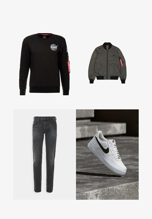 Olivenfarvet bomberjakke, skinnende nylonstof, ribbede manchetter og krave, lynlås foran, to sidelommer og en brugs-lomme med rød mærke.; Alpha Industries NASA - Sweatshirt - schwarz; Sorte denimjeans med en klassisk lige benpasform, subtilt slid og femlomme-design med kontraststing detaljer.; Hvid Nike Air Force 1-sneaker med sort swoosh, snørebånd bundet, placeret i luften over tekstureret betonoverflade udendørs.