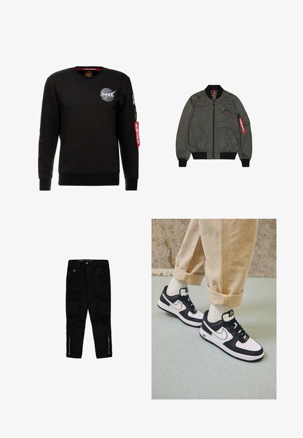 Veste bomber vert olive, tissu en nylon brillant, poignets et col côtelés, fermeture éclair à l'avant, deux poches latérales et une poche utilitaire avec étiquette rouge.; Alpha Industries NASA - Sweatshirt - schwarz; Pantalons cargo noirs en coton, dotés de poches latérales, de zippers aux chevilles et d'une coupe classique.; Baskets Nike Air Force 1 en noir et blanc avec un dessus en cuir, orteil perforé et détail de semelle texturée, portées avec un pantalon beige retroussé et des chaussettes blanches.
