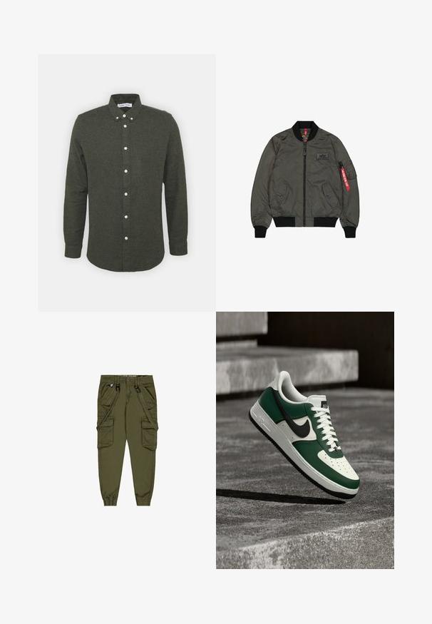 Veste bomber vert olive, tissu en nylon brillant, poignets et col côtelés, fermeture éclair à l'avant, deux poches latérales et une poche utilitaire avec étiquette rouge.; Chemise boutonnée vert foncé avec un col, des manches longues et des boutons blancs. Tissu doux et texturé avec un ourlet légèrement arrondi.; Pantalons cargo vert olive avec sangles ajustables, plusieurs poches avant, poignets élastiques et un tissu durable. Comprend des accents en métal.; Baskets Nike Air Force 1 vertes et blanches avec un swoosh noir, flottant au-dessus d'une surface en béton avec des escaliers flous en arrière-plan.