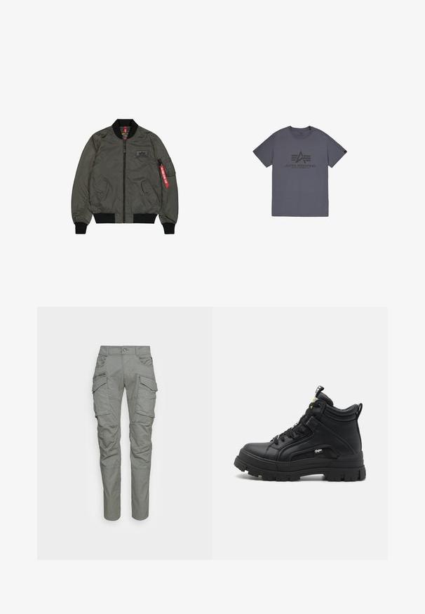 Olivovo zelená bomber bunda, lesklý nylonový materiál, žebrované manžety a golier, predný zips, dve bočné vrecká a úžitkové vrecko so červenou visačkou.; Šedé bavlnené tričko s okrúhlym výstrihom, na prednej strane s čiernym potlačeným logom. Krátke rukávy a štandardný strih.; Sivé cargo nohavice s viacerými bočnými vreckami, zapínaním na gombík a rovnými nohavicami. Vyrobené z odolnej tkaniny s textúrovaným povrchom.; Čierne vysoké tenisky vyrobené z textúrovanej kože, s hrubou gumovou podrážkou, šnurovaním vpredu a malým logom na boku.