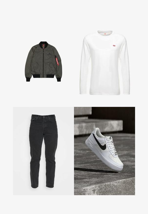 Olijfgroene bomberjack, glanzende nylonstof, ribgebreide manchetten en kraag, ritssluiting aan de voorkant, twee zijzakken en een utilitaire zak met een rode label.; Witte lange mouwen t-shirt van katoen, met een ronde halslijn en een klein rood Levi's logo op de borst. Eenvoudig, klassiek ontwerp.; Zwarte denim jeans met een recht model, vijf zakken, sluiting met een knop aan de voorkant en contrasterende stiksels. Gladde textuur met lichte slijtage zichtbaar.; Witte Nike Air Force 1 sneaker met zwarte swoosh, veters gestrikt, zwevend in de lucht boven een gestructureerd betonnen oppervlak buiten.