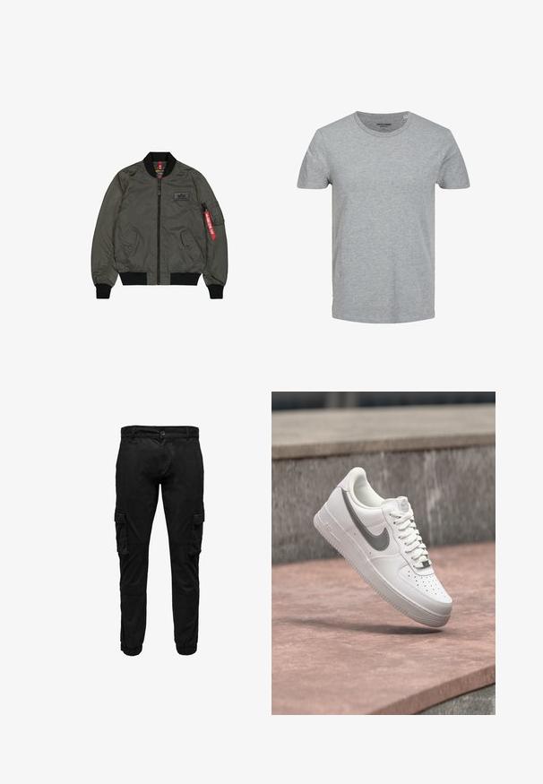 Veste bomber vert olive, tissu en nylon brillant, poignets et col côtelés, fermeture éclair à l'avant, deux poches latérales et une poche utilitaire avec étiquette rouge.; T-shirt gris à manches courtes en coton doux. Doté d'un col ras du cou classique et d'une coupe régulière. Design simple sans motifs ni accents.; Pantalon cargo noir avec poches à rabat latérales, poignets élastiques, fermeture frontale par bouton et fermeture éclair.; Baskets blanches Nike Air Force 1 avec logo swoosh gris flottant au-dessus d'une surface en pierre et un mur en pierre gris en arrière-plan.