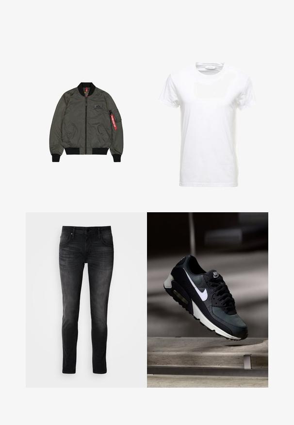 Olivgrüner Bomberjacke aus glänzendem Nylonstoff, mit gerippten Bündchen und Kragen, Reißverschluss vorne, zwei Seitentaschen und einer Utileltasche mit rotem Etikett.; Weißes Baumwoll-T-Shirt mit kurzen Ärmeln, Rundhalsausschnitt und glatter Textur. Etikett am Ausschnitt sichtbar. Einfacher und klassischer Stil.; Schwarze Denim-Jeans im Slim-Fit-Schnitt, mit fünf Taschen, dezentem Used-Look und Kontrastnähten. Ausgestattet mit klassischem Metallknopf und Reißverschluss.; Schwarzer und grauer Nike Air Max Sneaker mit weißem Swoosh, schwebend über einer Betonfläche vor einem verschwommenen dunklen Hintergrund.