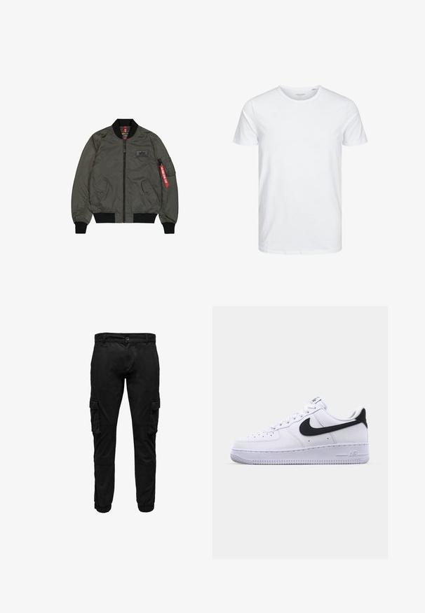 Veste bomber vert olive, tissu en nylon brillant, poignets et col côtelés, fermeture éclair à l'avant, deux poches latérales et une poche utilitaire avec étiquette rouge.; T-shirt à col rond à manches courtes de couleur blanche unie, fabriqué en coton doux, avec un design simple sans motifs ni accents visibles.; Pantalon cargo noir avec poches à rabat latérales, poignets élastiques, fermeture frontale par bouton et fermeture éclair.; Sneaker en cuir blanc avec un Swoosh noir texturé, des lacets plats et une semelle en caoutchouc avec un motif strié. "AIR" est embossé sur le talon.