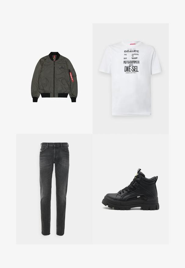 Olivgrüner Bomberjacke aus glänzendem Nylonstoff, mit gerippten Bündchen und Kragen, Reißverschluss vorne, zwei Seitentaschen und einer Utileltasche mit rotem Etikett.; Weißes Baumwoll-T-Shirt mit fetter schwarzer Typografie und den Worten "BRAVES" und "DIE-SEL INDUSTRY" sowie einem halbtransparenten Cutout-Design.; Schwarze Denim-Jeans mit klassischem geradem Schnitt, subtiler Ausbleichung und Fünf-Taschen-Design mit kontrastierenden Nähdetails.; Schwarze hoch geschnittene Schuhe aus strukturiertem Leder, mit einer dicken Gummisohle, Schnürung vorne und einem kleinen Logodetail an der Seite.