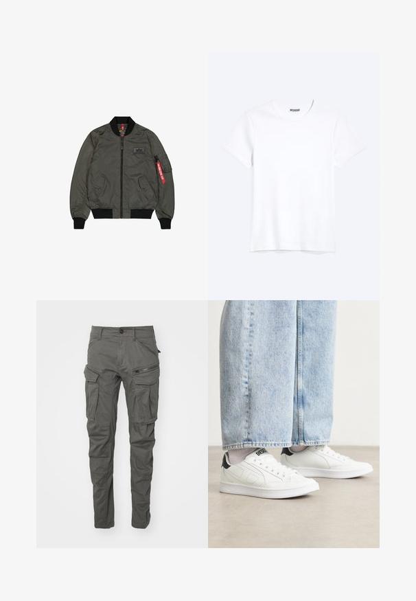 Olivovo zelená bomber bunda, lesklý nylonový materiál, žebrované manžety a golier, predný zips, dve bočné vrecká a úžitkové vrecko so červenou visačkou.; Jednoduché biele tričko s krátkym rukávom a okrúhlym výstrihom s viditeľnou značkou WEEKDAY na golieri, zobrazené na svetlom pozadí.; Šedé cargo nohavice vyrobené z odolnej textílie, s viacerými vreckami, zipsovými akcentmi, zapínaním na gombík a zúženým strihom nohavíc.; Biele tenisky s hladkou koženou textúrou, čiernymi detailmi na päte a perforovanými prvkami. Skombinované so svetlomodrými širokými džínsami.
