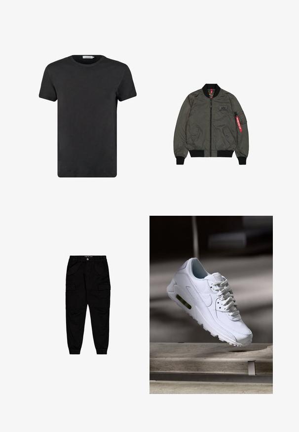 Veste bomber vert olive, tissu en nylon brillant, poignets et col côtelés, fermeture éclair à l'avant, deux poches latérales et une poche utilitaire avec étiquette rouge.; T-shirt en coton noir avec un col rond et des manches courtes. Le tissu a une texture lisse et sans motifs ni accents. Coupe classique.; Pantalons cargo noirs en coton, dotés de deux poches avant et de deux poches cargo sur les côtés, avec des poignets et une taille élastiqués.; Baskets blanches en cuir avec des surfaces texturées, un col rembourré et un amorti d'air visible dans la semelle. Elles possèdent des lacets et un design minimaliste.