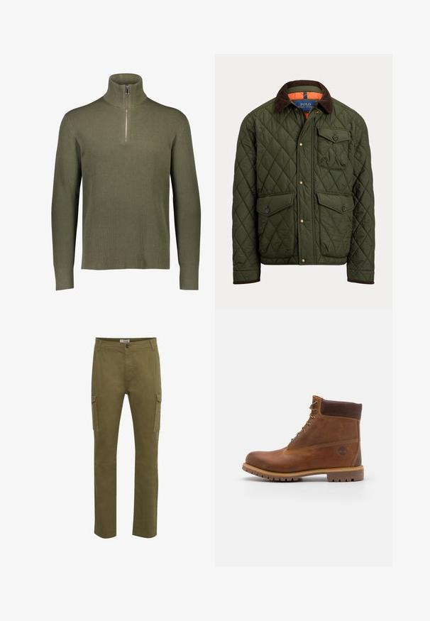 Chaqueta verde acolchada con cuello de pana marrón, bolsillo en el pecho con botón, dos bolsillos con botón en la cintura y botones a presión delanteros.; Suéter de punto acanalado verde oliva con cuello alto y cierre de cremallera de cuarto. Presenta mangas largas y un acabado texturizado.; Pantalones cargo verdes con corte recto, que presentan dos bolsillos laterales, un cierre de botón y detalles de costura en la superficie de la tela.; Botas de senderismo de cuero marrón con un acabado suave, tobillo acolchado, ojales de metal y suela de goma con un patrón de tracción robusto.