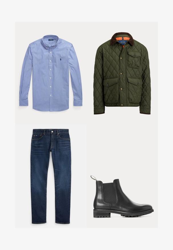 Veste matelassée verte avec col en velours côtelé marron, poche poitrine à bouton, deux poches à bouton à la taille et boutons-pression devant.; Chemise à manches longues rayée verticale bleu et blanc, à boutons, col boutonné, avec le logo Polo Ralph Lauren sur la poitrine.; Jean slim bleu foncé avec un léger délavage sur les cuisses, design à cinq poches et fermeture à bouton à la taille.; Bottine Chelsea en cuir noir avec panneaux élastiques sur les côtés, languette à l’arrière, semelle en caoutchouc rainurée et petit talon, vue de profil.