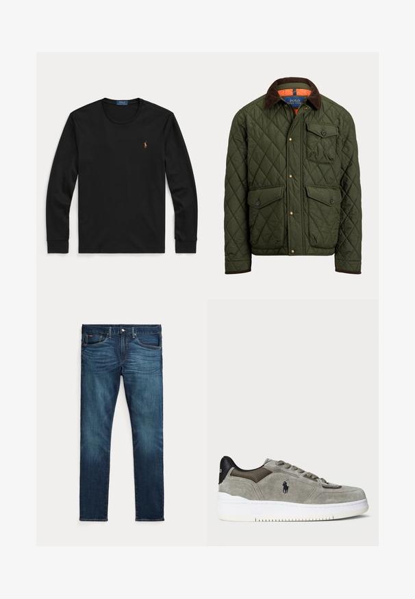 Gewatteerde groene jas met een bruine corduroy kraag, een borstzak met knoop, twee met knoop gesloten taillezakken en voorste drukknopen.; Zwarte lange mouwen shirt met ronde hals en klein geborduurd Polo Ralph Lauren-logo op de linkerborst.; Donkerblauwe slim-fit jeans met vooraan een knoop en ritssluiting, vijf zakken en subtiel vervagen op de voorkant van de dijen en knieën.; Grijze suède sneaker met een gestructureerde bovenkant, contrasterende zwarte hiel, witte zool en geborduurd logo. Vetersluiting met zes oogjes.