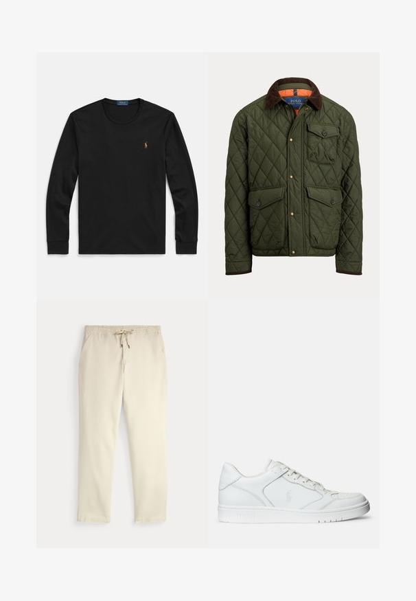 Chaqueta verde acolchada con cuello de pana marrón, bolsillo en el pecho con botón, dos bolsillos con botón en la cintura y botones a presión delanteros.; Camiseta negra de manga larga hecha de algodón suave, con cuello redondo y un pequeño logo bordado en el pecho con acentos de color.; Pantalones casuales color blanco roto con cinturilla elástica y cordón, piernas rectas y bolsillos laterales sobre un fondo liso.; Zapatilla de cuero blanca con textura suave, que presenta una puntera perforada, cierre de cordones y logo bordado en el lateral. Suela de goma blanca.