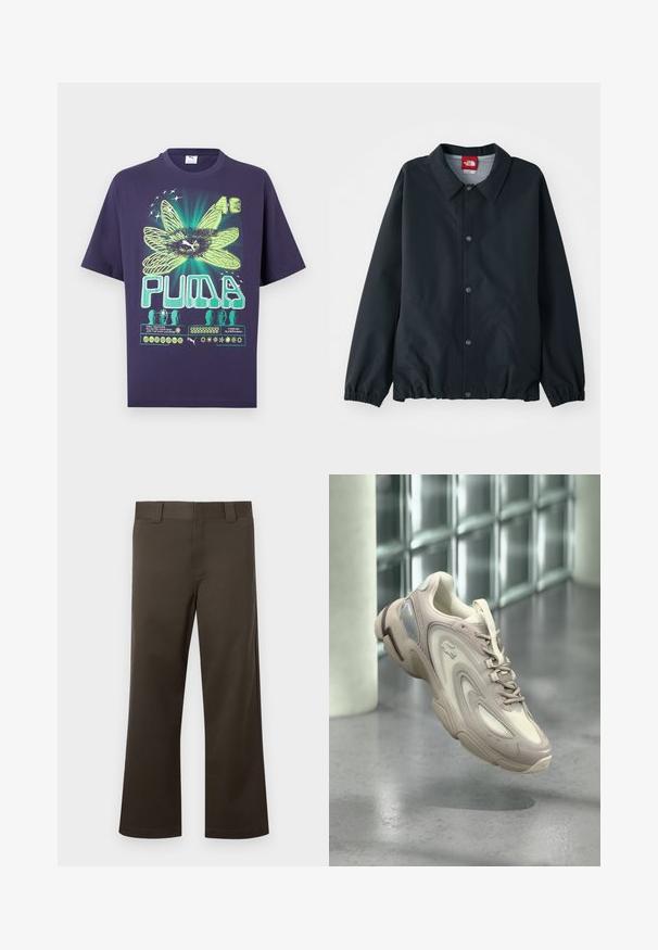Veste noire avec un col, fermetures à boutons, poignets élastiques et un ourlet resserré. Fabriquée en un matériau léger et résistant à l'eau.; T-shirt Puma bleu marine avec une fleur abstraite vert néon, numéro 48, texte Puma stylisé et petites icônes graphiques.; Pantalon marron à jambes droites en tissu robuste, avec un devant plat, des passants pour ceinture et un ourlet simple. Sans motifs ni accessoires visibles.; Baskets beige clair dotées d'un design élégant avec des superpositions texturées, une semelle rembourrée et une section translucide sur le côté.