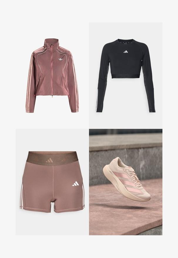 Mauve Adidas trackjakke med lynlås og høj krave, hvide pipingdetaljer, tre lyserøde striber på ærmerne og Adidas trefoil-logo på brystet.; Sort cropped træningstop med lange ærmer lavet af glat stof. Har et hvidt logo på brystet og stribede detaljer på ærmerne.; Brune træningsshorts med en bred, tekstureret talje. Har hvide tre-stribede accenter langs siderne og et lille hvidt logo.; Lyserød sneaker med tre mørkere lyserøde striber og snørebånd, svævende i luften over en stens overflade og trin i baggrunden.