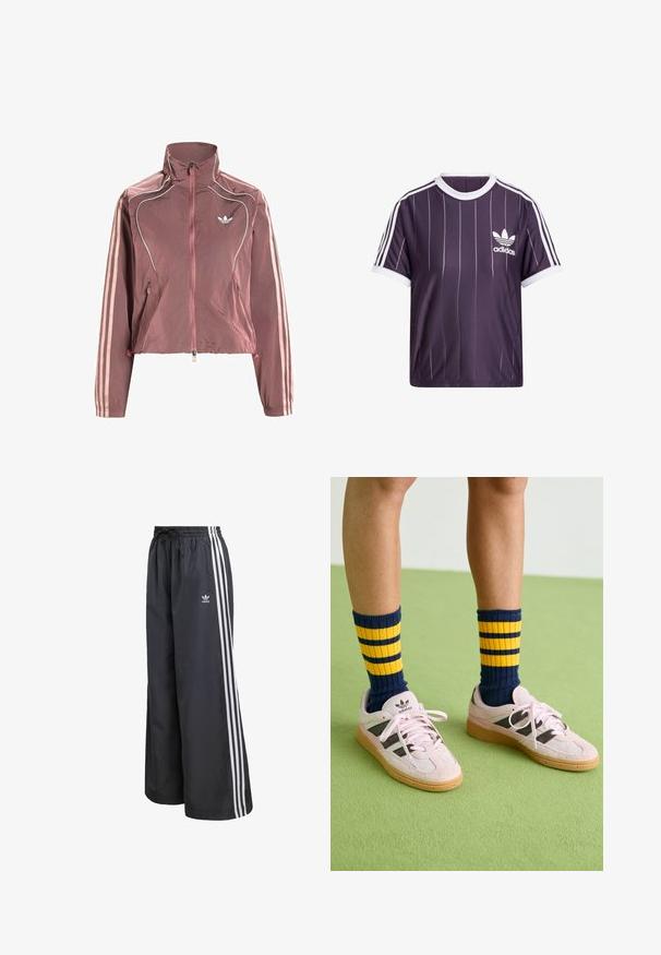 Chaqueta deportiva Adidas mauve con cremallera, cuello alto, detalles en piping blanco, tres franjas rosa claro en las mangas y logo trefoil de Adidas en el pecho.; Camiseta deportiva púrpura con rayas verticales blancas, cuello redondo blanco y logo de Adidas en blanco en el lado izquierdo del pecho. Mangas cortas.; Pantalones deportivos negros hechos de material ligero, con tres rayas verticales blancas y una cintura elástica con cordón.; Zapatillas de ante rosa claro con rayas negras y suelas de goma, combinadas con calcetines de canalé a rayas en azul marino y amarillo. Suelo verde texturizado.