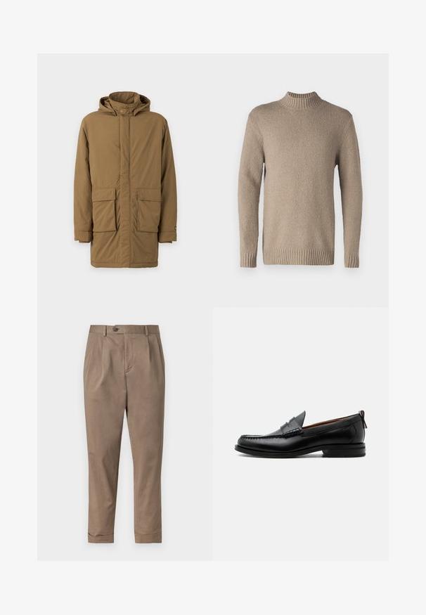 Parka brun isolé avec une capuche, deux poches avant, une coupe droite et une texture lisse. Fermeture à boutons à l'avant et aux poignets.; Pull en tricot beige avec une surface texturée, un col et des bretelles côtelés. Doté de manches longues et d'un ourlet droit pour un design classique.; Pantalons khaki à coupe ajustée, avec un pli devant, une fermeture à bouton et des poignets retroussés. Fabriqués à partir d'un tissu en coton léger.; Mocassin homme en cuir noir avec couture moc toe, bride penny, col texturé et petit talon empilé sur fond blanc.