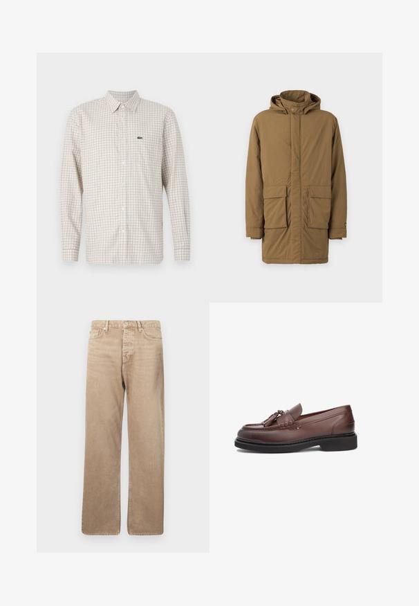 Ruskea eristetty parka, jossa on huppu, kaksi etutaskua, suora leikkaus ja sileä pinta. Napit edessä ja hihojen resoreissa.; Beige pitkähihainen paita, jossa punainen ja sininen ruudullinen kuvio, etupuolella napit, kaulus ja vasemmassa rinnassa vihreä krokotiililogo.; Beige farkkushortsit suoran istuvuuden omaavina, joissa on viisi taskua, nappikiinnitys ja kontrastiväriset tikkaukset. Sileä pinta ja minimaalinen kulutus.; Ruskeat nahkaiset loaferit, joissa on sileä pinta, tupsukoristeet ja ommeltu yksityiskohta mustalla kumipohjalla. Klassinen muotoilu.