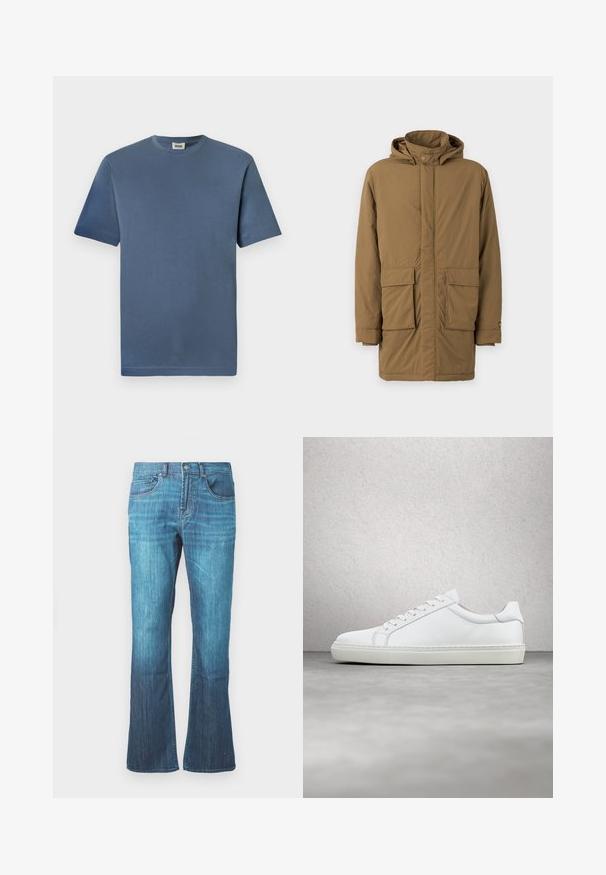 Bruine geïsoleerde parka met een capuchon, twee voortassen, een rechte snit en een gladde textuur. Knopen sluiting aan de voorkant en bij de mouwmanchetten.; Blauwe katoenen t-shirt met een ronde hals en korte mouwen. Heeft een gladde textuur en een rechte zoom. Geen zichtbare patronen of graphics.; Mid-blue gewassen denim jeans met een lichte flare aan de onderkant, klassieke vijf-pocket ontwerp, en een sluiting met knoop en rits aan de voorkant.; Witte sneaker met een gladlederen bovenwerk en een laag profiel. Voorzien van een ronde neus, zes vetergaatjes en een gestructureerde rubberen zool.