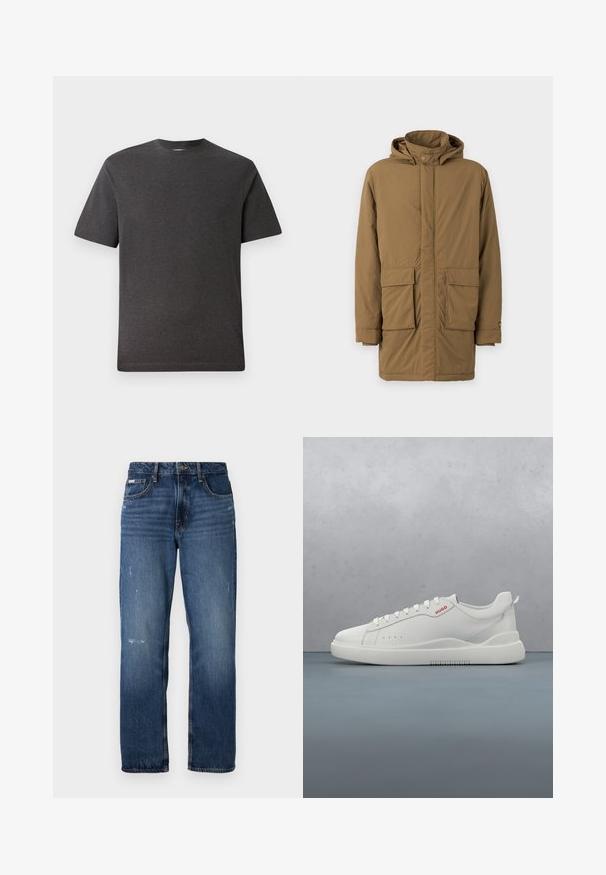 Parka aislante marrón con capucha, dos bolsillos frontales, corte recto y textura suave. Cierre de botones en la parte delantera y en los puños de las mangas.; Camiseta de manga corta gris, hecha de una tela suave y ligera, con cuello redondo y costuras mínimas. Apta para uso casual.; Jeans de mezclilla azul con diseño de pierna recta. Presentan áreas desgastadas y ligero distress en la parte frontal, con un cierre clásico de botón.; Zapatilla blanca con un acabado de cuero liso, punta redonda, cuatro ojales, perforaciones sutiles y un detalle de logo rojo en el lateral.