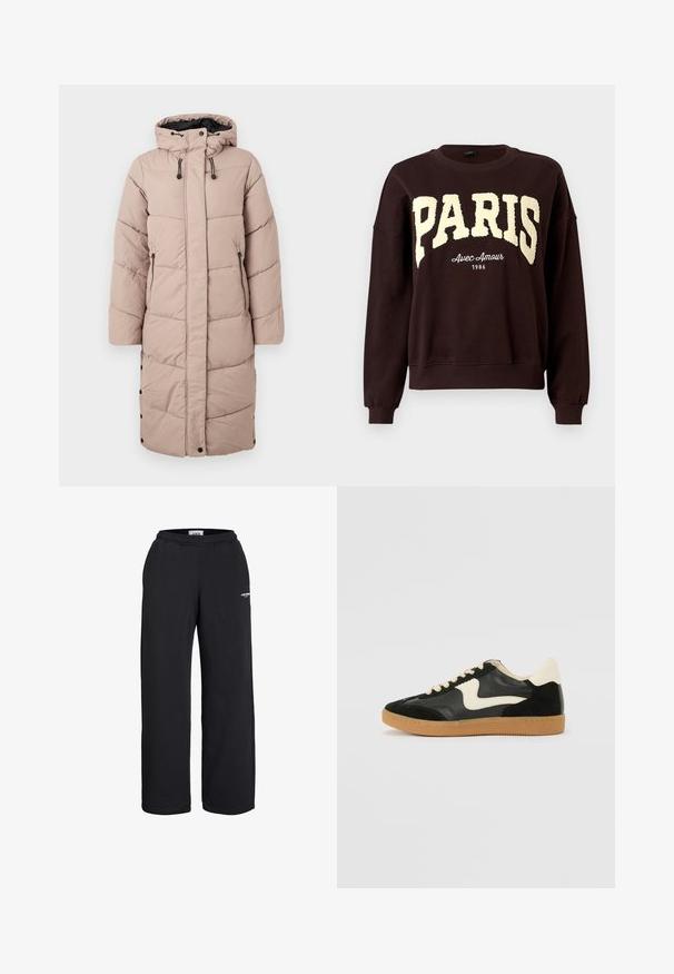 Lang mauve polstret vinterjakke med hætte, frontlynlås, trykknapper og lynlåslommer på en hvid baggrund.; Mørkebrun crewneck sweatshirt med store teksturerede "PARIS" bogstaver og mindre "Avec Amour 1986" tekst under brystet.; Sorte sweatpants med lige ben, elastisk talje og lille hvidt logo på øvre lår, designet til afslappet brug.; Sorte ruskinds- og lædersneakers med en cremefarvet side-swoosh og lys cremefarvet hæl. Har beige snørebånd og en gummirubber-sål.