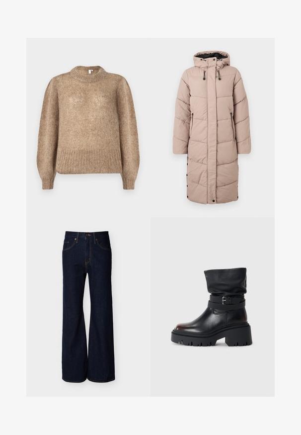 Lang mauve polstret vinterjakke med hætte, frontlynlås, trykknapper og lynlåslommer på en hvid baggrund.; Beige strikket sweater med en ribbet rund halsudskæring og lange ballonsleeves. Stoffet har en blød, tekstureret finish.; Mørkeblå denimbukser med høj talje, bred benudskæring, forlommer, knap og lynlås.; Sort læderankelstøvle med en slouchy overdel, spænde detaljer og en tyk, robust sål. Har rund tå og glat tekstur.