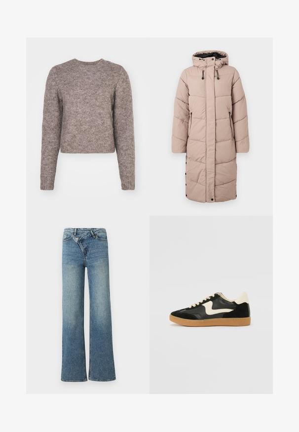 Lang mauve polstret vinterjakke med hætte, frontlynlås, trykknapper og lynlåslommer på en hvid baggrund.; Lys brun, cropped sweater med lange ærmer, rund halsudskæring og et struktureret strikstof. Ingen synlige mønstre eller hardwaredetaljer.; Lyseblå denim jeans med vide ben og høj talje, let falmet effekt og knaplukning foran. Har fem lommer og minimal syning.; Sorte ruskinds- og lædersneakers med en cremefarvet side-swoosh og lys cremefarvet hæl. Har beige snørebånd og en gummirubber-sål.