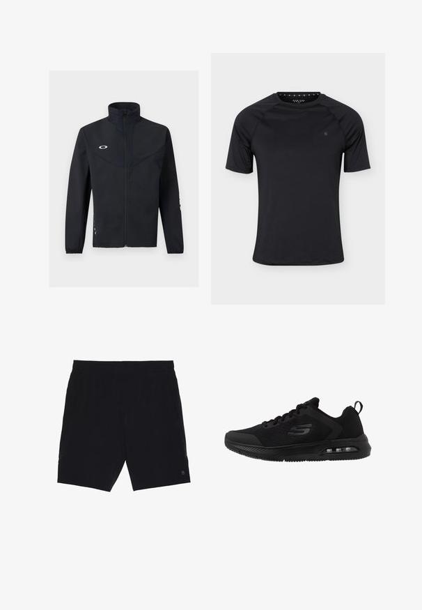 Sort lynlåstrøje med høj krave, lange ærmer med elastiske manchetter og et lille hvidt logo på venstre bryst.; Sort sport T-shirt med korte ærmer og rund halsudskæring med lille logo på venstre bryst, vist på ensartet lyst baggrund.; Sorte shorts lavet af letvægtsstof, med elastisk talje, to sidelommer og et lille logo på nederste højre side.; Sorte sportsko med en åndbar mesh-overdel, teksturerede detaljer, polstret mellemsål og en synlig luftenhed i sålen for komfort.
