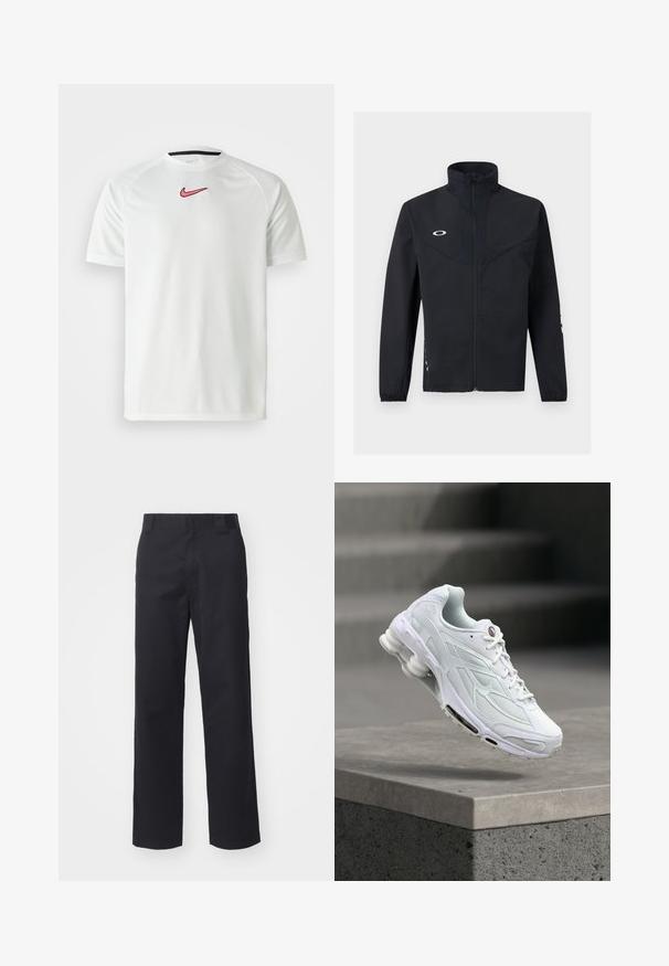Zwarte jas met rits, hoge kraag, lange mouwen met elastische boorden en een klein wit logo op de linkerborst.; Witte Nike T-shirt met korte mouwen en een roze swoosh-logo op de borst. Heeft een ronde hals en een soepele, lichte stof.; Zwarte rechte broek van een katoenmix. Heeft een platte tailleband met riemlussen en geen zichtbare hardware of versieringen.; Witte sportieve sneaker met mesh- en lederen accenten zwevend boven een betonnen richel met een wazige grijze achtergrond.