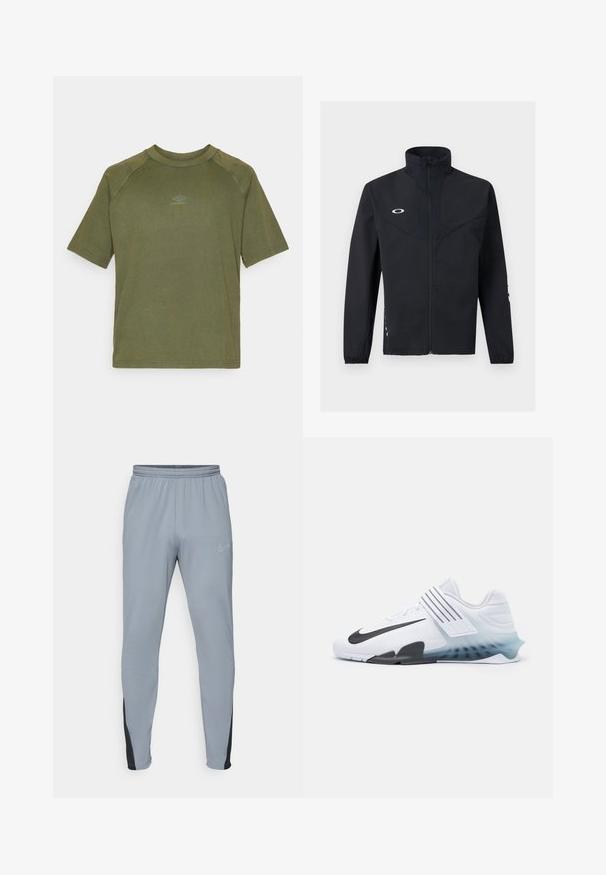 Chaqueta negra con cremallera, cuello alto, mangas largas con puños elásticos y un pequeño logo blanco en el pecho izquierdo.; Camiseta de algodón de color verde oliva y manga corta, con cuello redondo y un pequeño logo gris en el centro del pecho. Textura suave.; Pantalones atléticos grises con cintura elástica, piernas entalladas y detalles en negro. Presenta un pequeño logo gris claro en el lado izquierdo.; Zapato atlético blanco con el logotipo negro de Nike, parte superior de malla, tres franjas negras y una suela con degradado de azul a transparente. Presenta acentos reforzados.