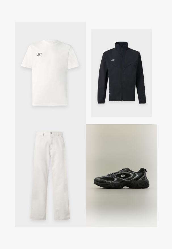 Chaqueta negra con cremallera, cuello alto, mangas largas con puños elásticos y un pequeño logo blanco en el pecho izquierdo.; Camiseta blanca de manga corta con el logo negro de Umbro en el lado izquierdo del pecho, cuello redondo, diseño liso, presentada sobre un fondo claro.; Vaqueros blancos de corte recto para hombre con cierre de botón y cremallera, trabillas y bolsillos delanteros.; Zapatilla deportiva negra y gris con paneles de malla, diseño de cordones, suela gruesa y un pequeño logo de cocodrilo en el costado.