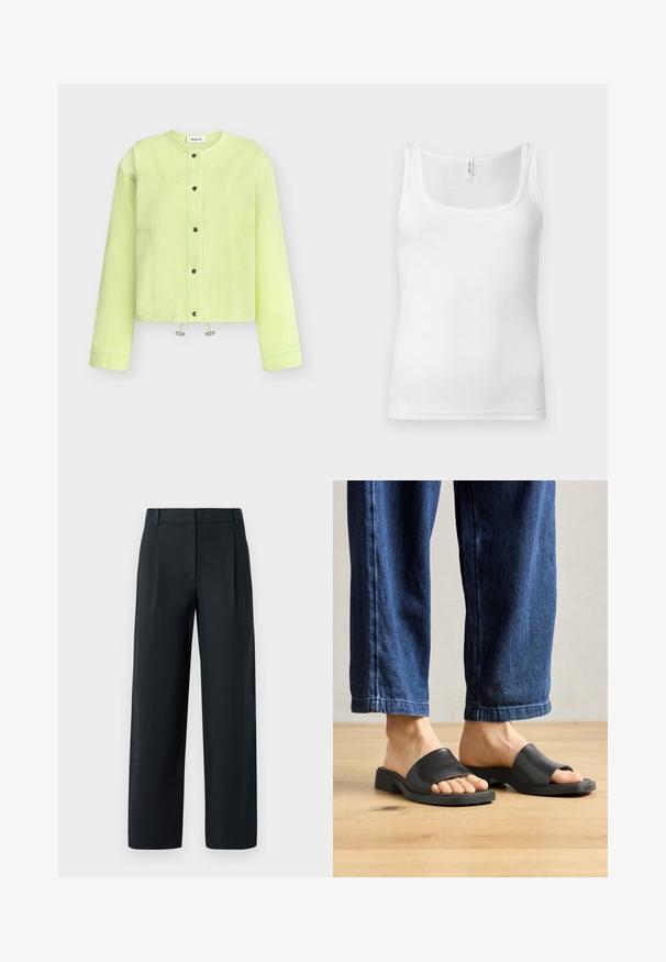 Lichtgroene lange mouwen jas met ronde halslijn, drukknoopsluiting aan de voorkant, zijzakken en verstelbare trekkoord aan de zoom.; Wit katoenen tanktop met een ronde hals, smalle schouderbandjes en een aansluitend ontwerp. Gladde textuur en minimalistische stijl.; Zwarte op maat gemaakte broek met een rechte pijp, voorzien van voorplooien, een gladde textuur en ceintuurlussen. Geen zichtbare zakken.; Zwarte instapsandalen van glad materiaal, met een open teen en een brede bovenband, geplaatst tegen donkere denimspijkerbroeken met een rechte pasvorm.