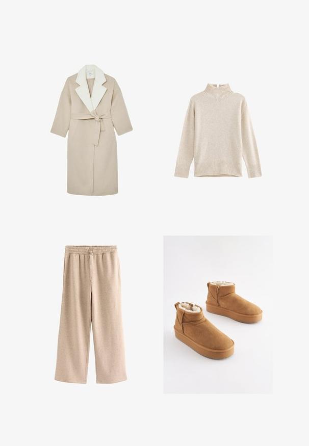 Beige uldfrakke med hvidt hakkrave, bælte i taljen og korte ærmer. Har to sidelommer for ekstra funktionalitet.; Beige turtleneck sweater med ribbet krave og kant. Løs pasform, lange ærmer, blød tekstur og minimalistisk design.; Beige bukser med vide ben, elastisk talje og snørre, lavet af et blødt, plettet stof.; Lysebrune ankelstøvler i ruskind med imiteret pelsforing, flad platformssål og lynlås i siden for nem påtagning. Har rundet tå og minimal syning.