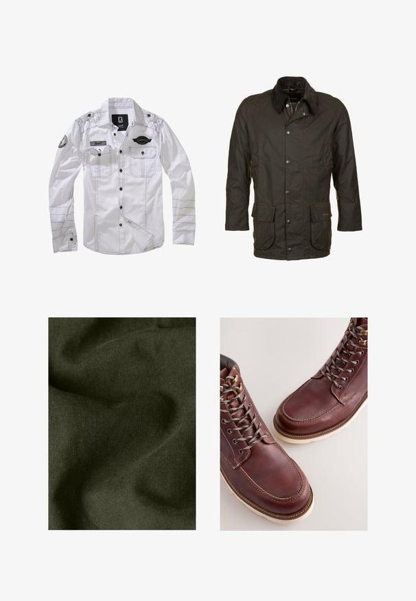 Dunkelgrüne gewachste Baumwolljacke mit Cordkragen, Knopf- und Reißverschluss vorne und zwei großen Klappentaschen an der Taille.; Weißes Langarmhemd mit schwarzer Naht, zwei Brusttaschen und einem Aufnäher am einen Ärmel. Mit Knopfverschluss vorne und Kragen.; Nahaufnahme eines dunkelgrünen Stoffes mit sichtbarer Webstruktur und weichen Falten, die Schatten und Lichtakzente erzeugen.; Braune Lederstiefel mit einer glatten Oberfläche, ausgestattet mit Metallösen, grauen Schnürsenkeln und einer cremefarbenen Gummisohle. Nahtdetail entlang der Kanten.