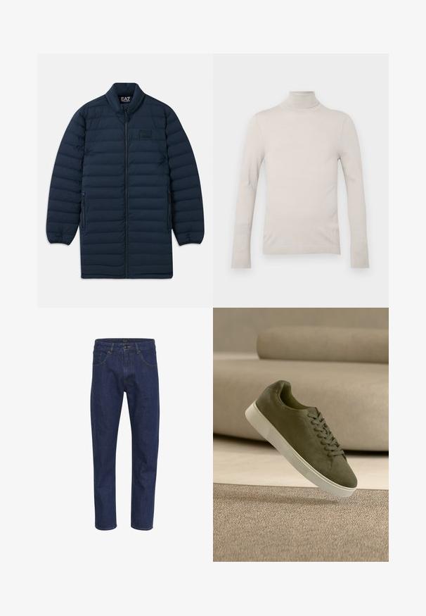 Navyblauer langer Pufferjacke mit Frontreißverschluss, Stehkragen, seitlichen Reißverschluss-Taschen und dezentem EA7 Emporio Armani Logo auf der Brust.; Hellbeige Rollkragensweater aus glattem Stoff, mit langen Ärmeln und taillierter Passform, sowie einem gerippten Kragen und Bündchen.; Dunkelblaue Jeans aus Denim mit geradem Schnitt, fünf Taschen und gelben Nähten an den Säumen. Der Stoff hat eine glatte Textur.; Olivgrüner Wildleder-Sneaker mit weißer Sohle und Schnürsenkeln, der über einem beigen Teppich vor einem hellbeigen Sofa schwebt.