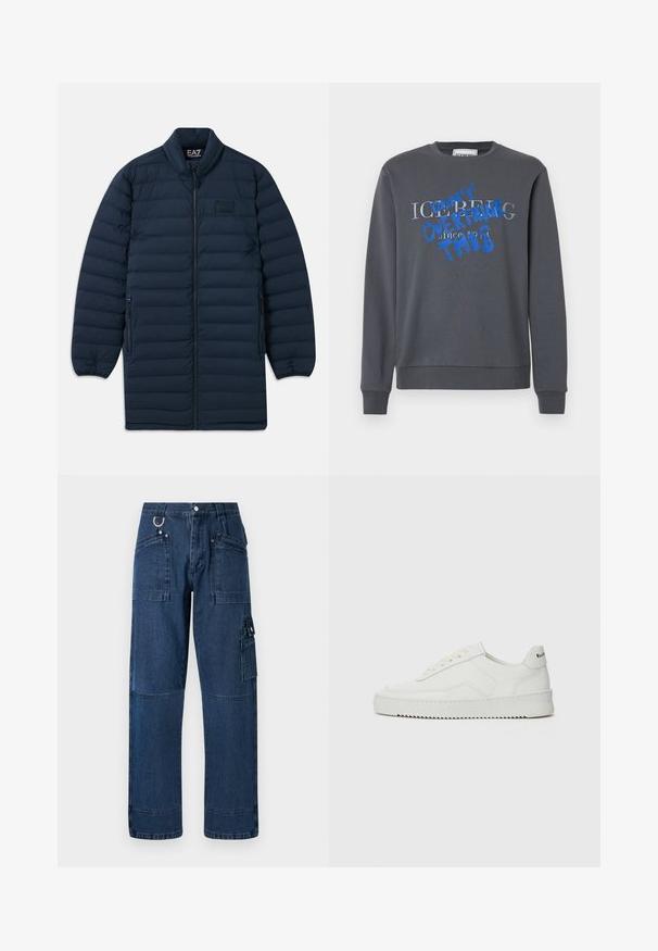 Tummansininen pitkä untuvatakki, jossa on edessä vetoketju, nostettavat kaulukset, vetoketjulliset sivutaskut ja huomaamaton EA7 Emporio Armani -logo rinnassa.; Iceberg FELPA - Collegepaita - grigio scuro; Tumman siniset denimpohjaiset cargo-housut suoralla leikkauksella, monilla taskuilla, metallisilla yksityiskohdilla ja kontrastivärisiin ompeluihin.; Valkoinen nahkakenkä, jossa on sileä pinta, pyöreä kärki, tasaiset nauhat ja teksturoitu pohja. Sisältää huomaamattoman logon kantapäässä.