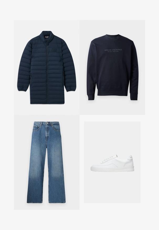 Námornícka modrá dlhá pérová bunda s predným zipsom, stojatým golierom, zipsovými bočnými vreckami a nenápadným logom EA7 Emporio Armani na hrudi.; Námornícky modrý mikina vyrobená z jemného materiálu, s okrúhlym výstrihom a rebrovanými manžetami, s embosovaným textom "ARMANI EXCHANGE MILANO / NEW YORK".; Džíny s širokými nohavicami v modrej denimovej farbe ponúkajú klasický dizajn s piatimi vreckami, predným zapínaním na gombík a miernym osvetlením pre textúru.; Biela nízka teniska so šnurovacím dizajnom, hladkým koženým zvrškom a hrubou podrážkou, zobrazená z bočného pohľadu na jednoduchom pozadí.
