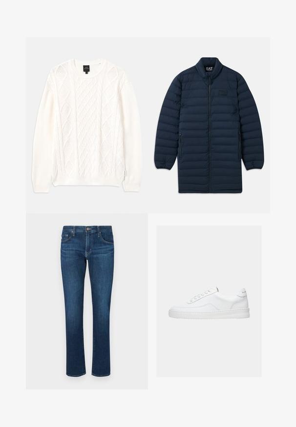 Námornícka modrá dlhá pérová bunda s predným zipsom, stojatým golierom, zipsovými bočnými vreckami a nenápadným logom EA7 Emporio Armani na hrudi.; Biely sveter s oválnym výstrihom z pleteniny s trakčným vzorom, s rebrovanými manžetami a lemom. Vyrobený z mäkkej, textúrovanej látky.; Tmavomodré džínsy s rovnými nohavicami, klasickým päť vreckovým štýlom a gombíkovým zapínaním na páse. Hladká textúra.; Biela nízka teniska so šnurovacím dizajnom, hladkým koženým zvrškom a hrubou podrážkou, zobrazená z bočného pohľadu na jednoduchom pozadí.