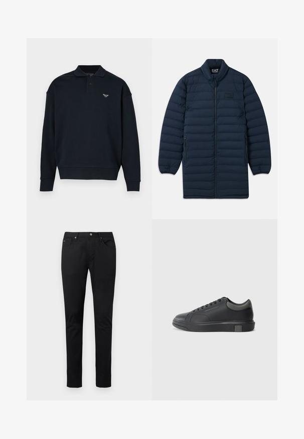 Mørkeblå lang puffjakke med frontglidelås, ståkrage, glidelåslommer på siden og en diskret EA7 Emporio Armani-logo på brystet.; Marineblå genser med krage, lange ermer, ribbestrikkede mansjetter og en liten logo på venstre bryst. Myk stoffstruktur.; Sorte, smale herrebukser med knapp foran, glidelås, beltehemper og fem-lommet design mot en ensfarget lys bakgrunn.; Sorte lærersneakers med en glat finish, rund tå og mørkegrå detaljer. Har snørebånd og en struktureret gummisål.