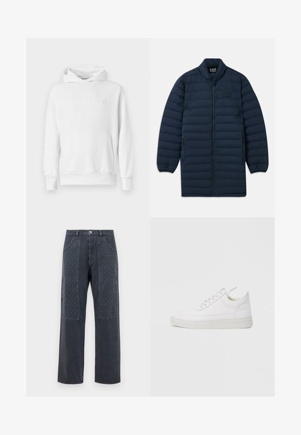 Marineblå lang pufferjakke med frontlynlås, ståkrave, lynlåsede sidelommer og subtilt EA7 Emporio Armani-logo på brystet.; Hvid hoodie med frontkangaroo-lomme, snørehætte og præget "QUARTZ CO" logo på brystet. Blødt bomuldsstof.; Mørkegrå jeans med bred benudskæring, der har dekorative lapper på forsiden med et subtilt blomstermønster og standardlomme-detaljering.; Hvid lædersneaker med rundet tå, flad sål og snørebånd foran. Har syningsdetaljer og polstret krave for komfort.
