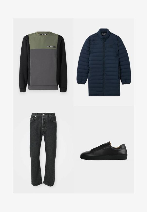 Námornícka modrá dlhá pérová bunda s predným zipsom, stojatým golierom, zipsovými bočnými vreckami a nenápadným logom EA7 Emporio Armani na hrudi.; Mikina v blokových farbách: tmavozelená horná časť, sivá stredná časť a čierna dolná časť. Má dlhé rukávy a okrúhly výstrih s detailom loga.; Čierne džínsy s rovnými nohavicami, so zapínaním na prednom gombíku a zips, predné a zadné vrecká viditeľné na bielom pozadí.; Čierny nízky kožený teniska s čiernymi šnúrkami, štruktúrovanou gumovou podrážkou a malým vyrazeným logom na boku, zobrazený v profile na sivom pozadí.