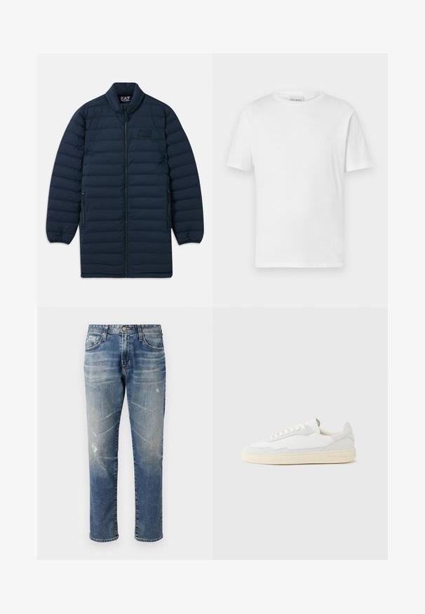 Námornícka modrá dlhá pérová bunda s predným zipsom, stojatým golierom, zipsovými bočnými vreckami a nenápadným logom EA7 Emporio Armani na hrudi.; Biela krátka tričko s krátkym rukávom vyrobené z bavlny. Má okrúhly výstrih a rovný spodný lem. Bez vzorov alebo ozdôb. Jednoduchý dizajn.; Svetlomodré džínsy s rovnými nohavicami, vyblednutým povrchom, jemne poškodenými detailmi, piatimi vreckami a pásom na opasok.; Biela teniska s jemne štruktúrovaným zvrškom zo semišu a kože. Má zaoblenú špičku, viazanie na šnúrky a kontrastnú béžovú gumovú podrážku.