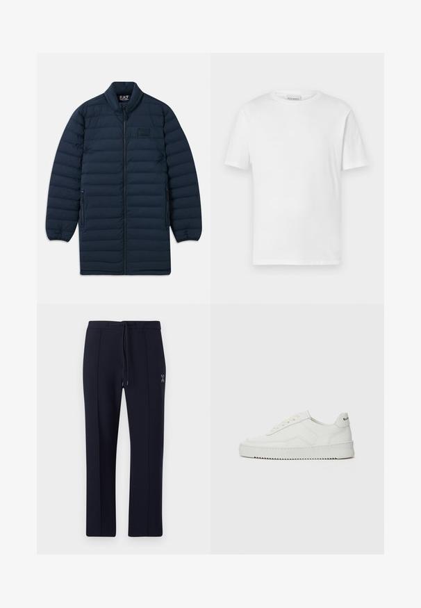Tumedast sinine pikk puffjakker, millel on esiküljel lukku, seisva kraega, lukuga küljetaskud ja diskreetne EA7 Emporio Armani logo rinnal.; Valge lühikeste varrukatega T-särk, mis on valmistatud puuvillast. Omab ümarat kaelust ja sirget allääret. Ilma mustrite või kaunistusteta. Lihtne disain.; Lahedad mereväe püksid, millel on vabalt langev lõige, tõmbluku vöö ja küljetaskud. Sile kangas koos peente esiplekkidega ja logo üksikasjaga.; Valge nahast tennis, millel on sile põhi, ümar varvas, lamedad nöörid ja tekstuuriline tall. Sisaldab diskreetset logo kontsaribal.